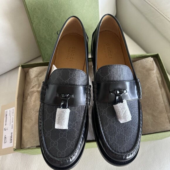 NEW GUCCI SUPREME TASSEL BLACK LEATHER & CANVAS MEN’S SHOES US 13 / 12 G $920 - Picture 4 of 10